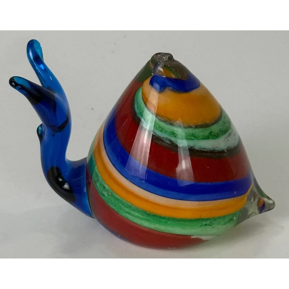 Large Art Glass Snail Paperweight Colorful Striped Hand Blown Murano Style Vtg